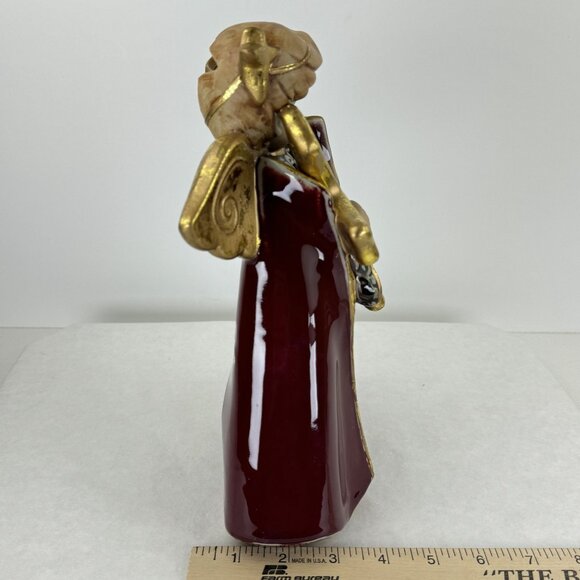 Vintage Ceramic Angel Candle Holder With Star Bow 8.5" Tall Gold & Burgundy Chr - Picture 10 of 10